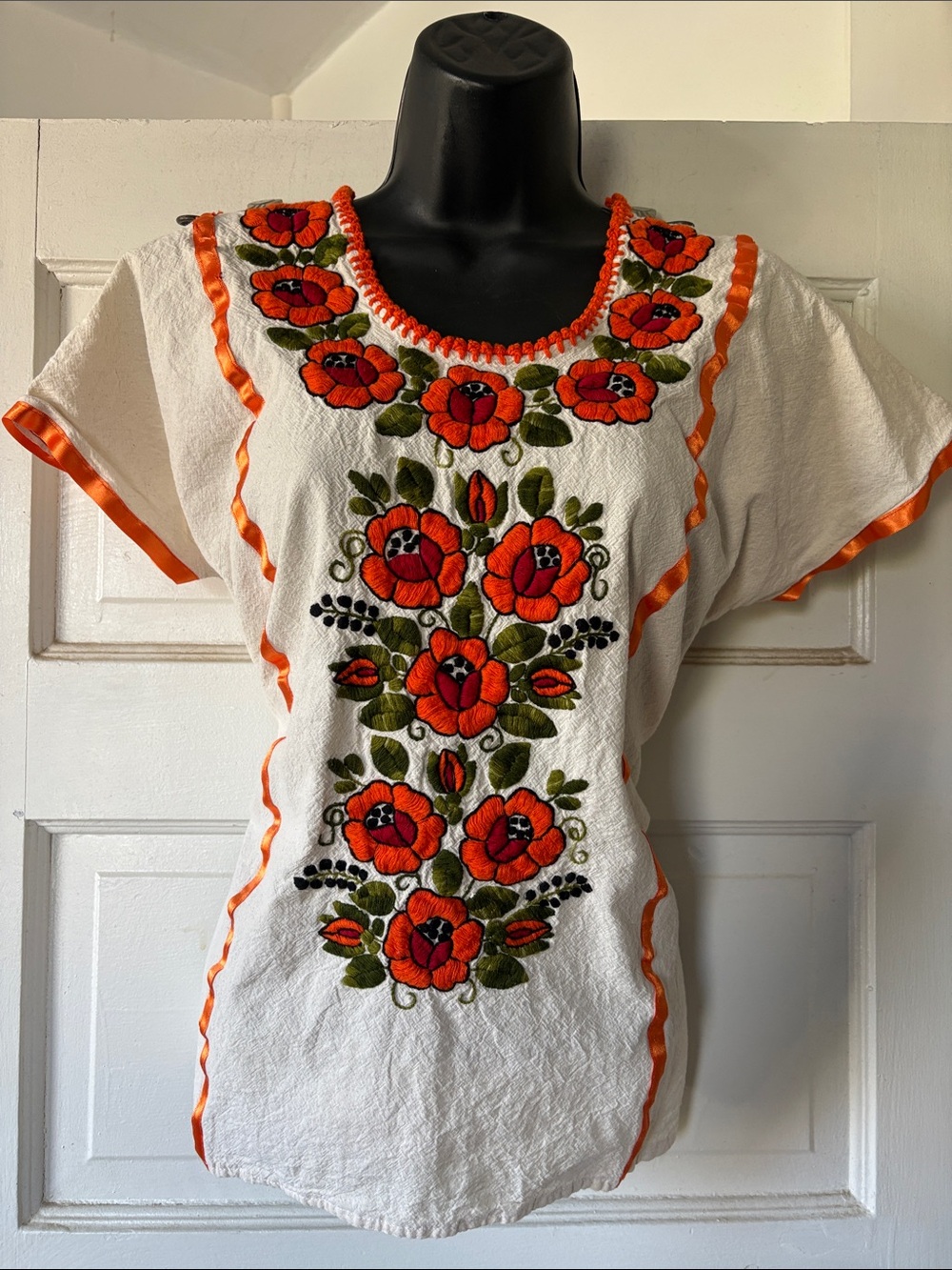 Embroidered Floral Peasant Top - White with Orange Flowers